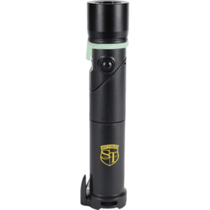 A black flashlight with a green logo on it.