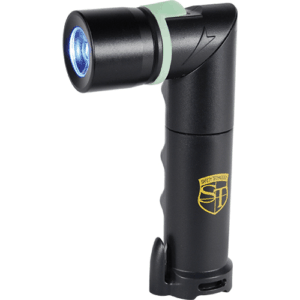 A flashlight with a green light on it.