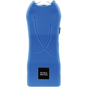 A blue handheld device with a black handle.