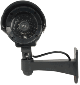 A black security camera on a gray background.