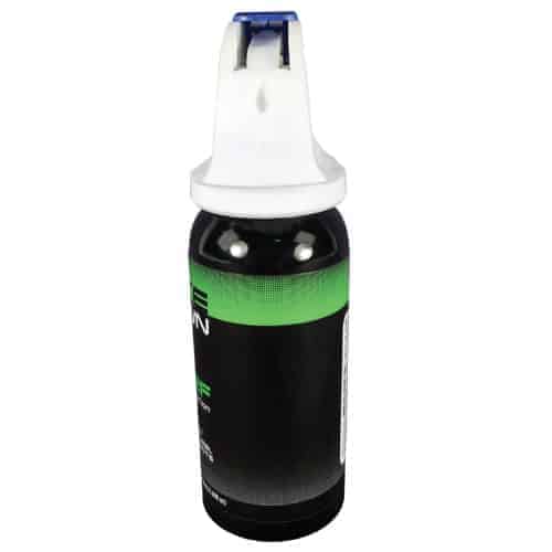A black and green Take Down OC Relief Decontamination Spray bottle with a lid.