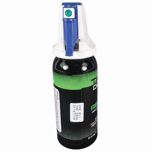 An Take Down OC Relief decontamination spray bottle with a blue lid.