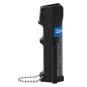 A black Mace® Triple Action Police Pepper Spray with a chain attached to it, combining the convenience of a lighter with the added security of a Triple Action self-defense tool.