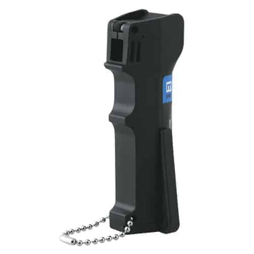 A Mace® Triple Action Police Pepper Spray with a chain attached to it, suitable for law enforcement and personal defense.