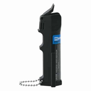 A black lighter with a chain attached to it, designed for Mace® Triple Action Police Pepper Spray.