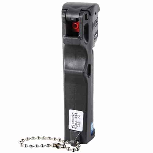 A black fire lighter with a chain attached to it, featuring Triple Action mechanism for enhanced functionality and versatility, the Mace® Triple Action Personal Pepper Spray.
