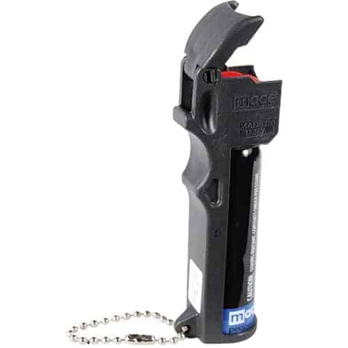 A black Mace® Triple Action Personal Pepper Spray with a chain attached to it, providing triple action.