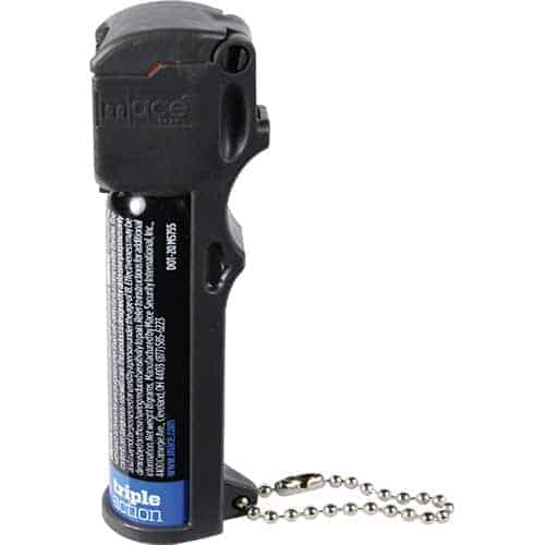 A black Mace® Triple Action Personal Pepper Spray with a chain attached to it, featuring a triple action mechanism for enhanced protection.