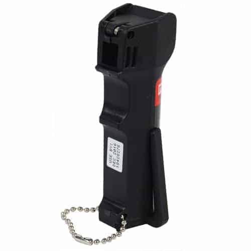 A Mace® PepperGard Police Pepper Spray gun with a chain attached to it, providing convenient access to powerful pepper spray for enhanced self-defense.
