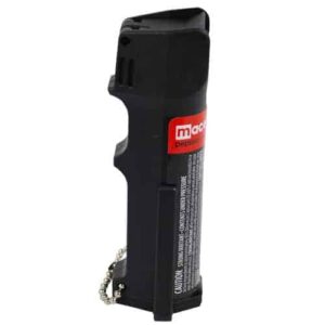 A black and red Mace® PepperGard Police Pepper Spray on a white background.