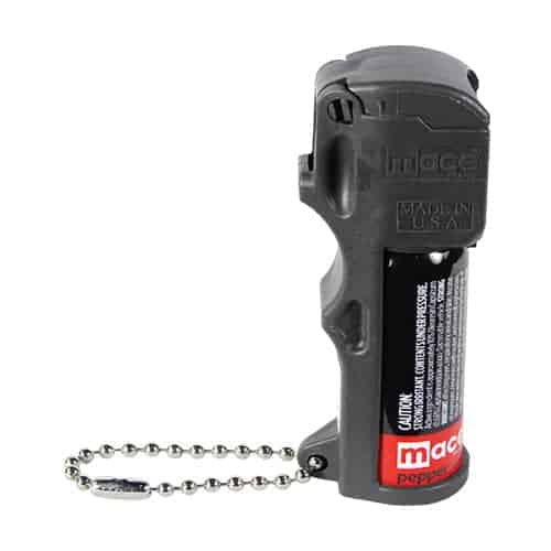 A Mace® PepperGard Pocket Pepper Spray fire extinguisher with a chain attached to it.