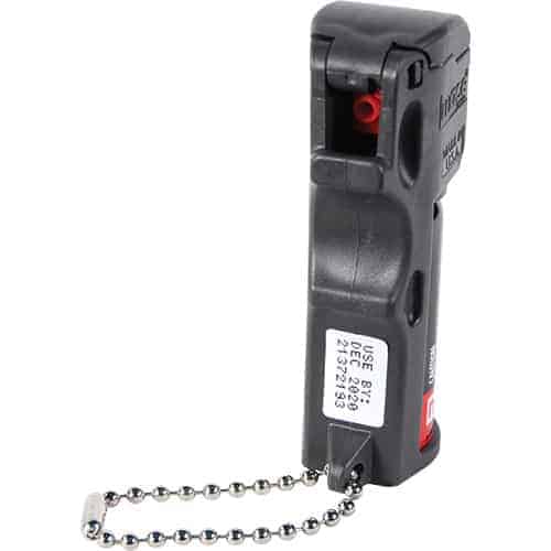 A Mace® PepperGard Pocket Pepper Spray with a chain attached to it.