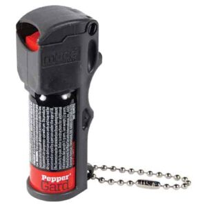 A fire extinguisher with a chain attached to it, conveniently designed to fit in your pocket for easy access and providing the added protection of Mace® PepperGard Pocket Pepper Spray.