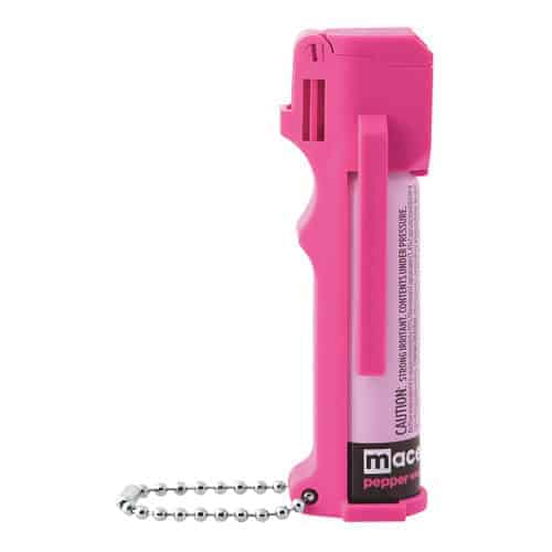 A Mace® Personal Model Hot Pink 10% Pepper Spray with a chain attached to it, serving as a personal model for emergency situations.