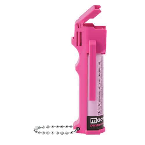 A Mace® Personal Model Hot Pink 10% Pepper Spray with a chain attached to it, designed for self-defense and incorporating elements of pepper spray.