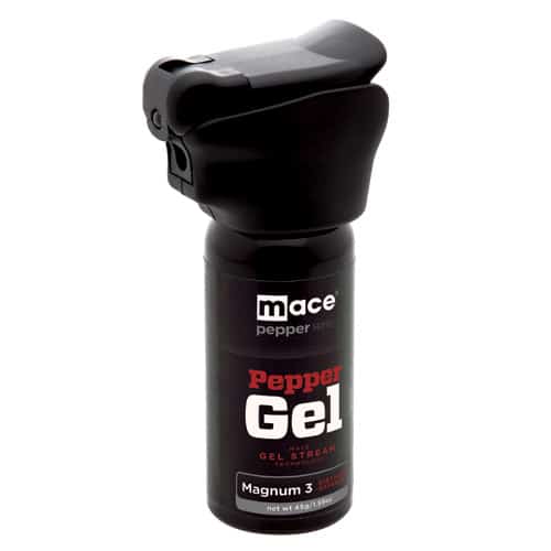 The Mace® Pepper Gel Night Defender MK-III With Light is a black spray bottle, perfect for self-defense. With its sleek design and contrasting white background, this Mace product ensures visibility even in low light.
