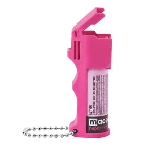 A Mace Hot Pink Pepper Spray Pocket Model with a chain attached to it.