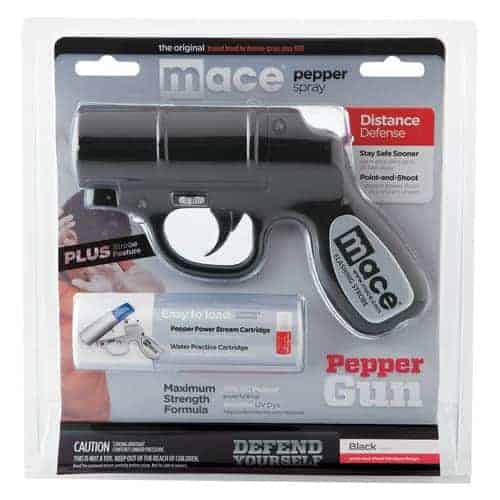 A Mace®Pepper Gun with STROBE LED Black, packaged with Mace.