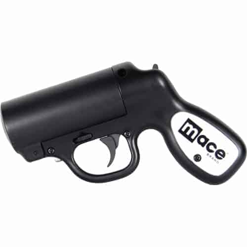 A black and white Mace®Pepper Gun with STROBE LED Black with the word wace on it.