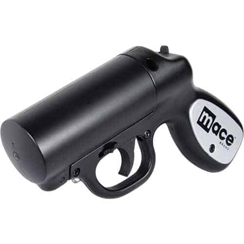 A black and white Mace®Pepper Gun with STROBE LED Black on a white background.