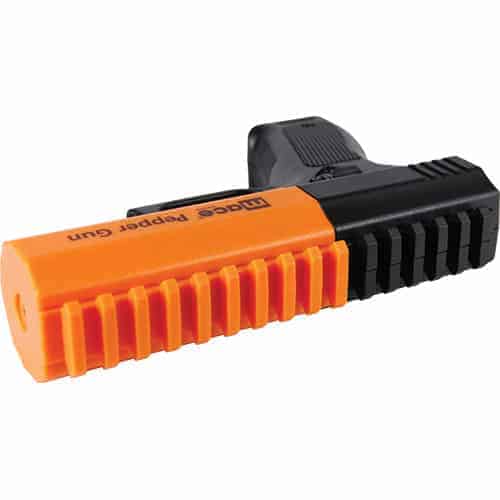 A black and orange Mace® Brand Pepper Gun 2.0 holster with an orange handle, showcasing the distinctiveness of the Mace brand.