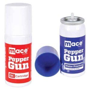 A Mace Pepper Gun Dual Pack OC/Water Refill and a can of OC spray.