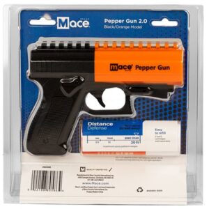 A Mace® Brand Pepper Gun 2.0 package with a Pepper Gun.