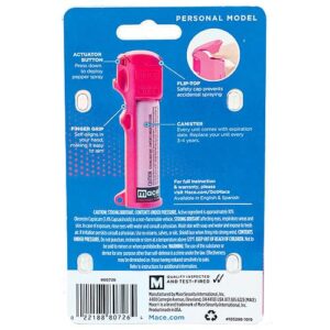 A hot pink plastic bottle with a pink handle, designed as a Mace® Personal Model Hot Pink 10% Pepper Spray.