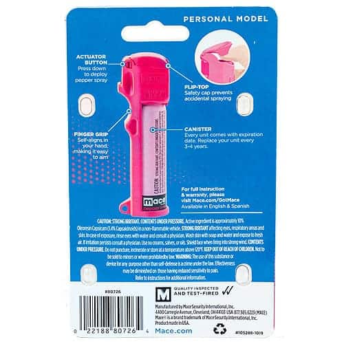 A hot pink plastic bottle with a pink handle, designed as a Mace® Personal Model Hot Pink 10% Pepper Spray.