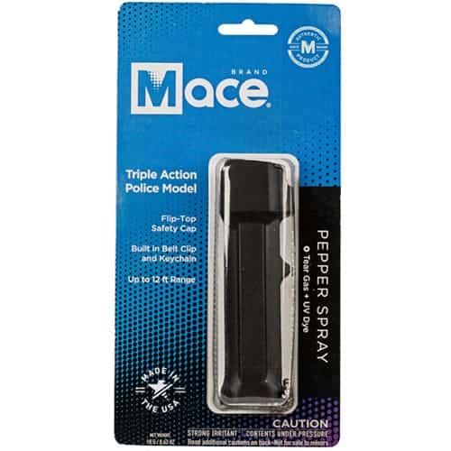 A Mace® Triple Action Police Pepper Spray package with a mace paper sprayer included.