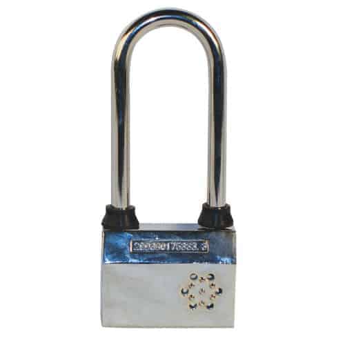A stainless steel Padlock Alarm on a white background.