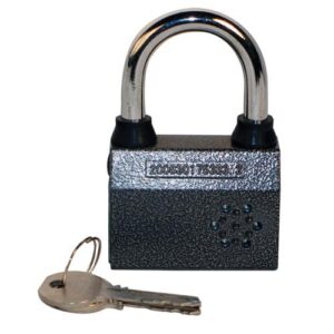 A small alarmed padlock with a key.