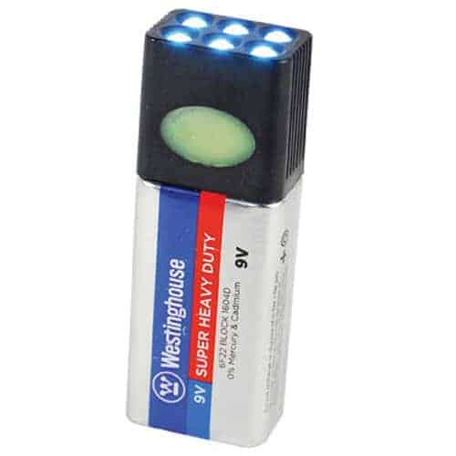 A Blocklite 9-Volt Battery LED Flashlight with an LED Flashlight on it.