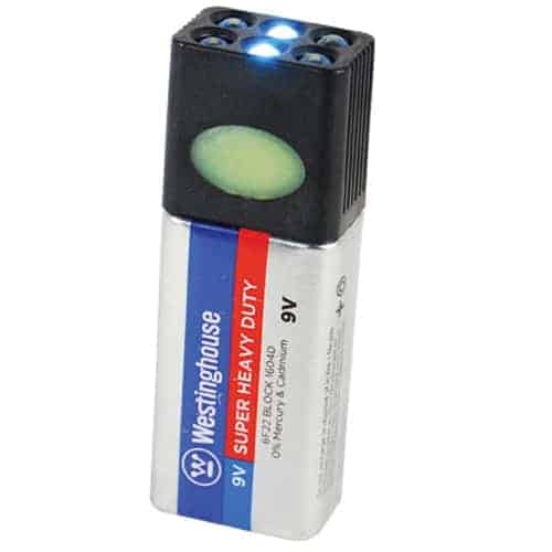 A Blocklite 9-Volt Battery LED Flashlight emits a bright blue light.