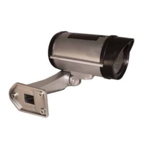 A gray bullet-style security camera on a white background.