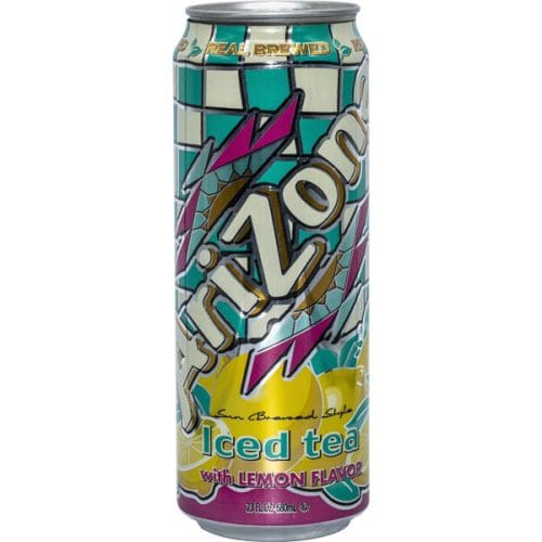 A tall can of Arizona Tea Diversion Safe, perfect as a diversion safe. The can features a colorful geometric design and proudly says "Real Brewed" at the top. With a volume of 23 fl oz (680 ml), it not only quenches your thirst but also keeps your valuables hidden in plain sight.