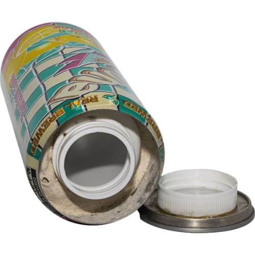 An open Arizona Tea Diversion Safe with the top separated, revealing a hidden compartment inside. The can features colorful graphics, making it a perfect diversion safe.