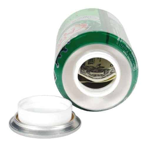 A Ginger Ale Diversion Safe can with a lid and money inside, serving as a Diversion Safe.