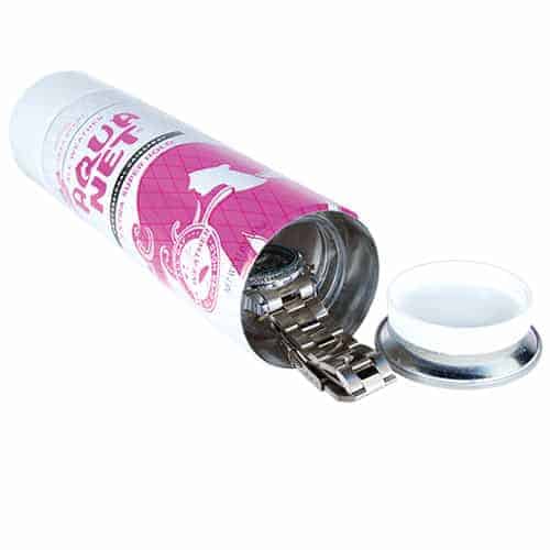 A Hairspray Diversion Safe can with a pink lid and a chain attached to it.