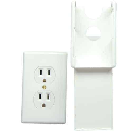 A white wall outlet with two outlets, doubling as a Wall Socket Diversion Safe.