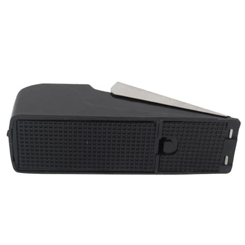 A black Super Door Stop Alarm with a metal handle on it, functioning as either a door stop or an alarm.