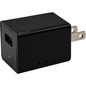 A black USB Charger Hidden Spy Camera with Built in DVR on a white background.