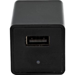 A black USB Charger Hidden Spy Camera with Built in DVR on a white background
