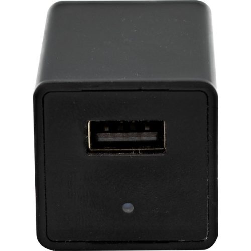 A black USB Charger Hidden Spy Camera with Built in DVR on a white background