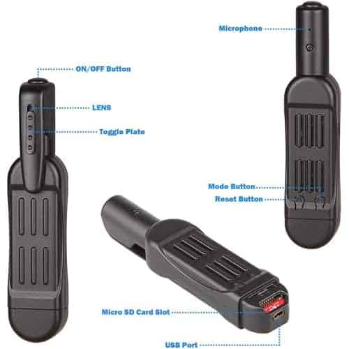 Four different types of Portable Clip Hidden Spy Cameras with Built in DVR are shown, each featuring a Pocket Clip for convenient carrying.