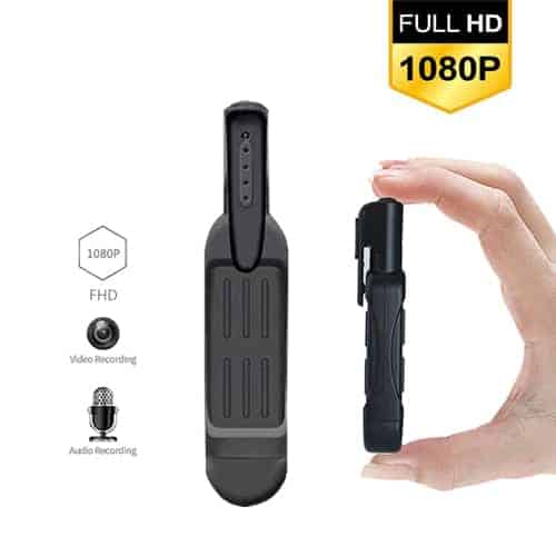 A hand holding a Pocket Clip Hidden Spy Camera with Built in DVR.