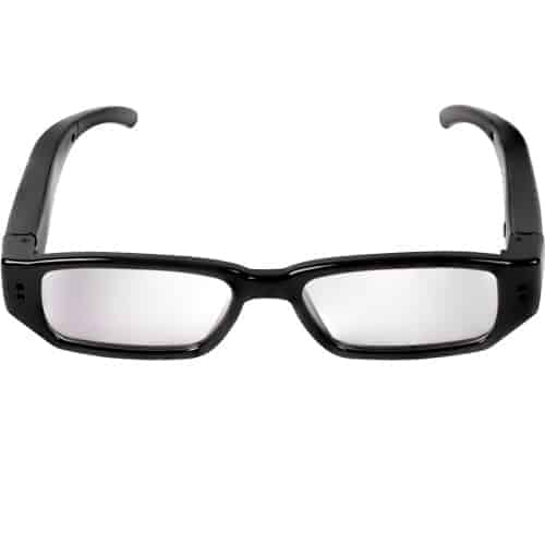 A pair of black HD Eye Glasses Hidden Spy Camera with Built in DVR on a white background.