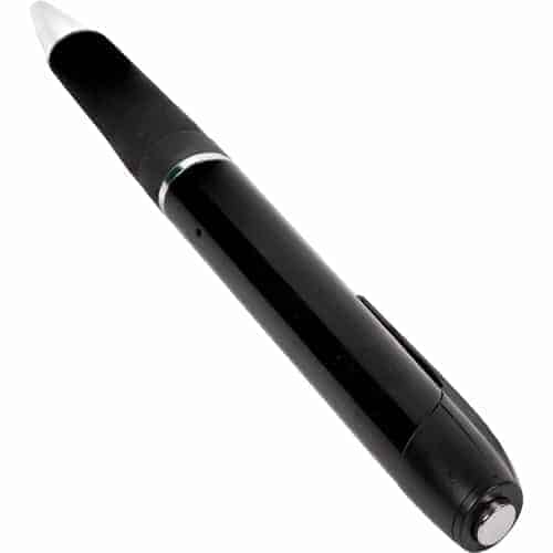 A black pen, equipped with the HD Pen Hidden Camera with Built in DVR, resting on a white background.