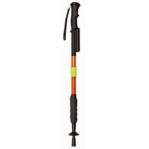 A black and orange Hike 'n Strike 950,000 Volts Stun Walking Cane on a white background, perfect for hiking and striking abilities.