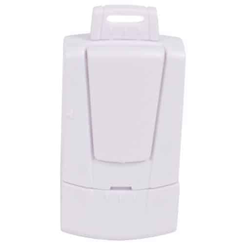 A white plastic container on a white background showcasing a Magnetic Door Alarm with Disarm Key.